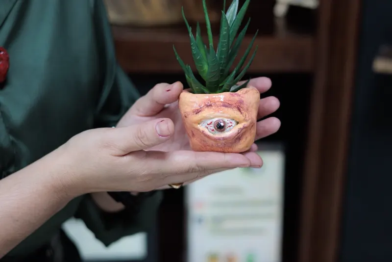 Manos sosteniendo una pequeña maceta de arcilla color piel con un ojo inyectado y una suculenta