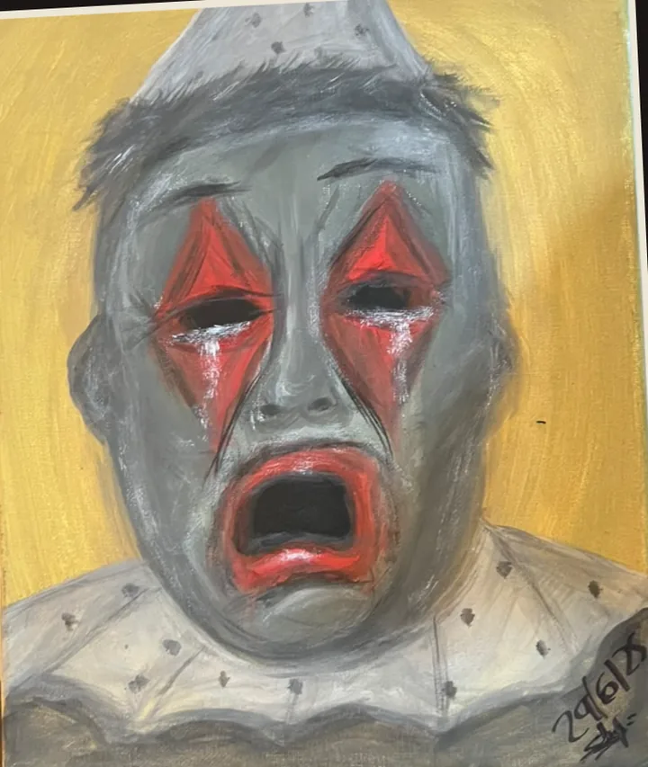 Pintura: payaso gris sobre fondo amarillo